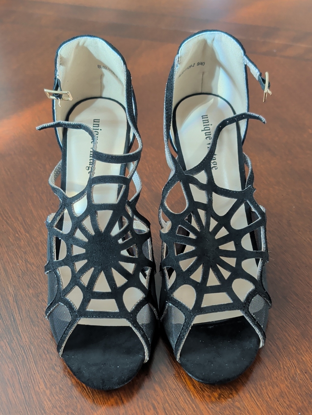 Unique Vintage Black Strappy Cutout Peep-Toe Heels